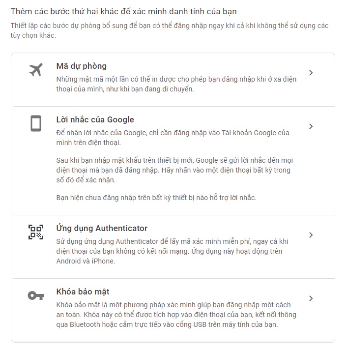 Các phương thức bảo mật của Google